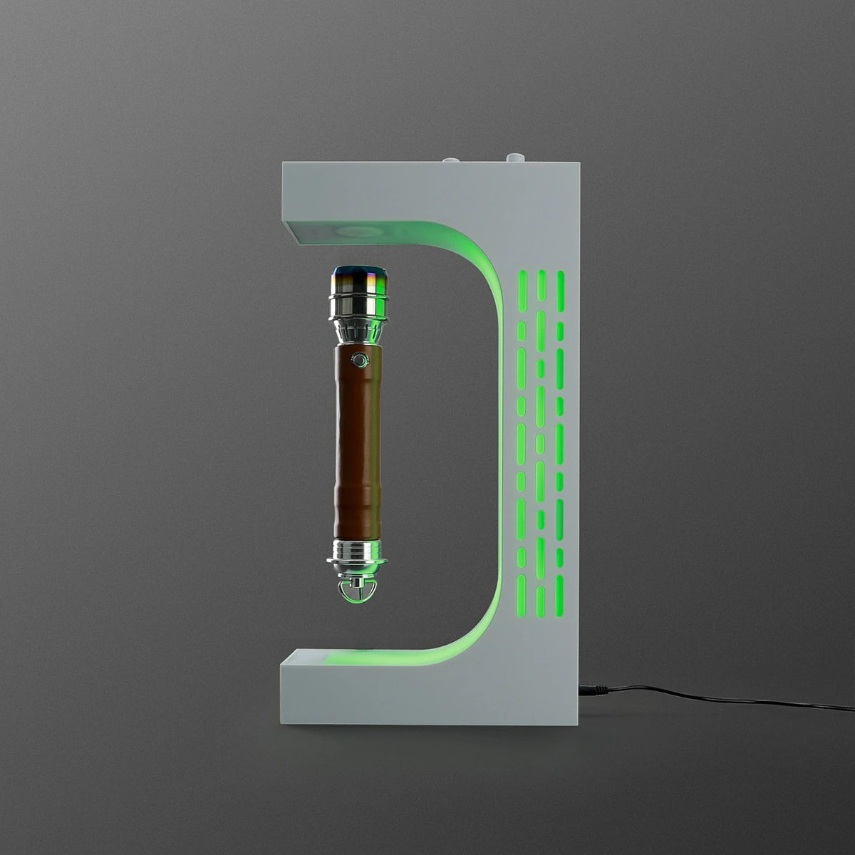 White levitating saber stand displaying a floating saber hilt with green LED lighting