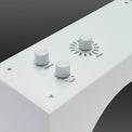 Close-up of the adjustment controls on top of the white levitating saber stand