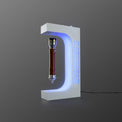 White levitating saber stand displaying an alternate saber hilt with blue LED lighting