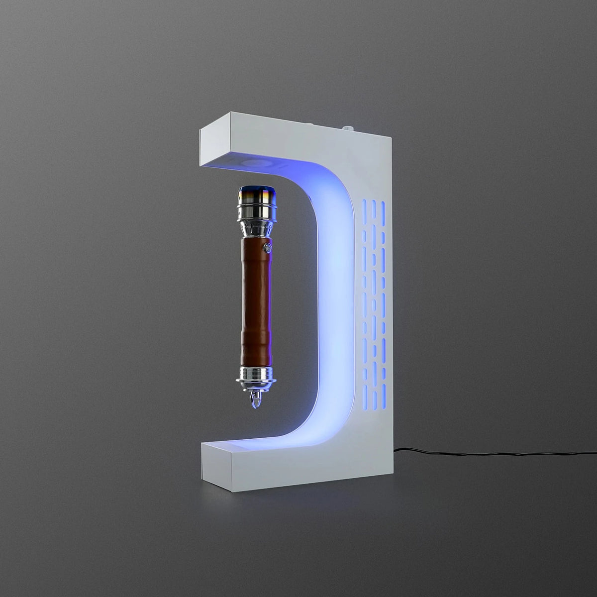 White levitating saber stand displaying an alternate saber hilt with blue LED lighting