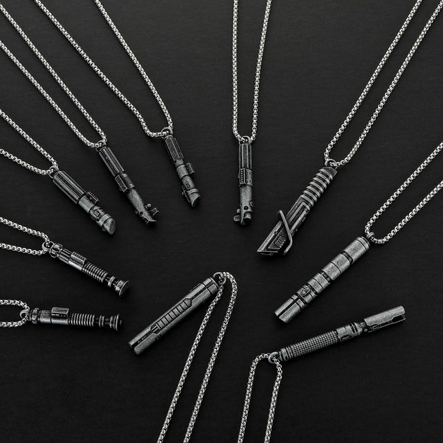 Saber X saber necklaces showing all 10 available hilt designs, sold individually